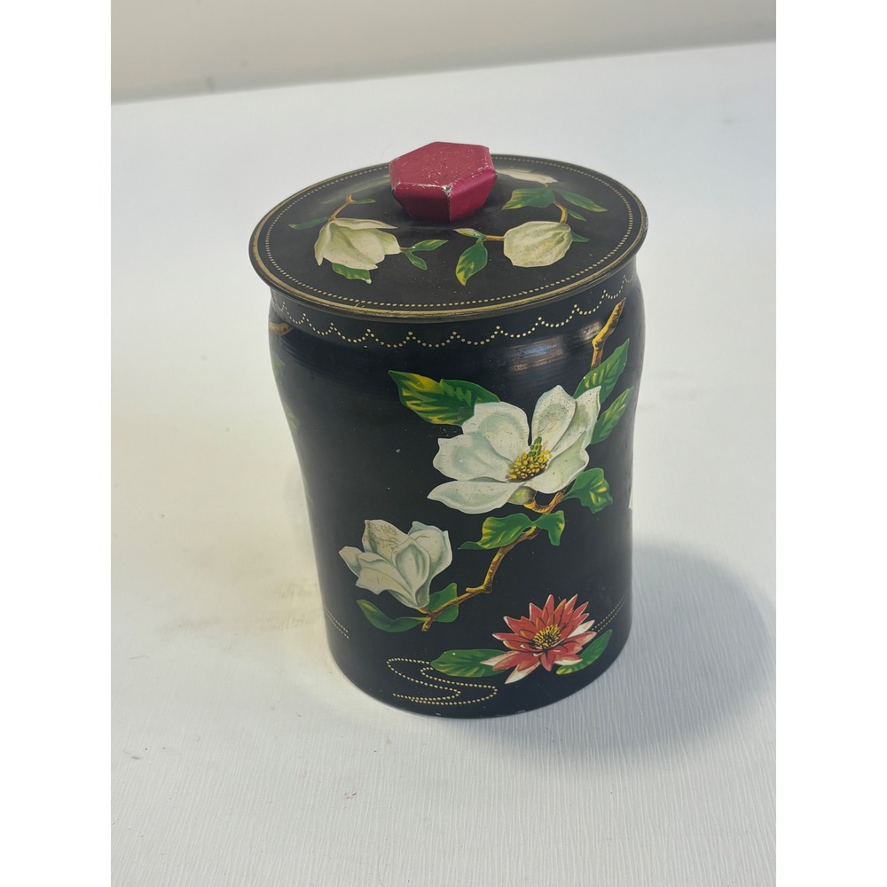 Vintage George W Horner Magnolia Floral Toffee Tin Made in England Black Metal
